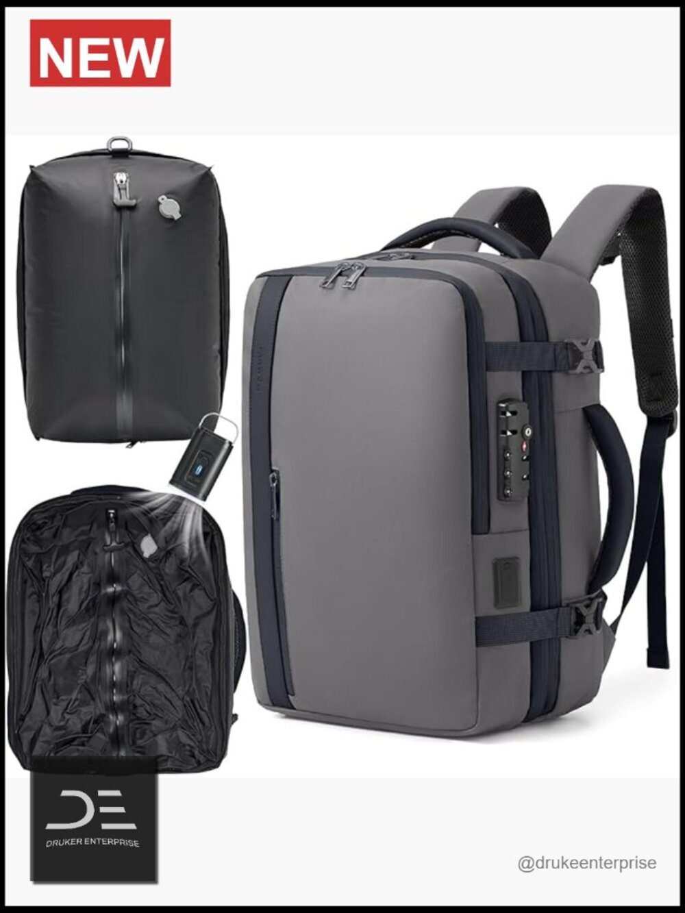 60L Expandable Backpack with Compression Pump, TSA Lock, Anti Theft Zipper